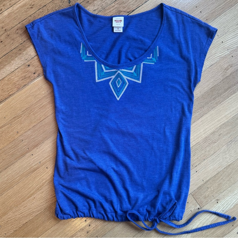 Mossimo Supply Co, Blue embroidered Cap Sleeve T-shirt, crew neck, drawstring